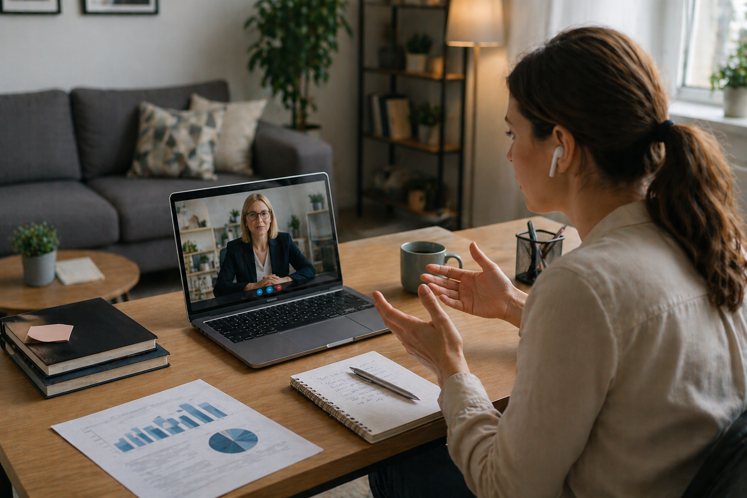 A person sitting at a computer, having an online mediation session.